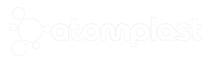 Logotipo blanco tenue de &ldquo;atomyplast&rdquo; con icono molecular circular sobre fondo blanco