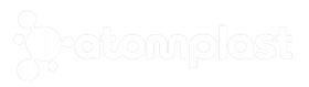 Logotipo blanco tenue de “atomyplast” con icono molecular circular sobre fondo blanco