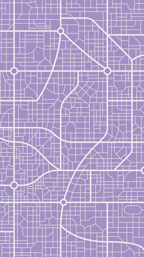Carte abstraite violette et blanche avec un quadrillage de rues et de routes qui s'entrecroisent.