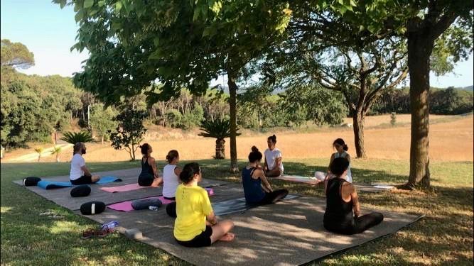 Un grupo de personas está sentada en colchonetas de yoga en un parque.