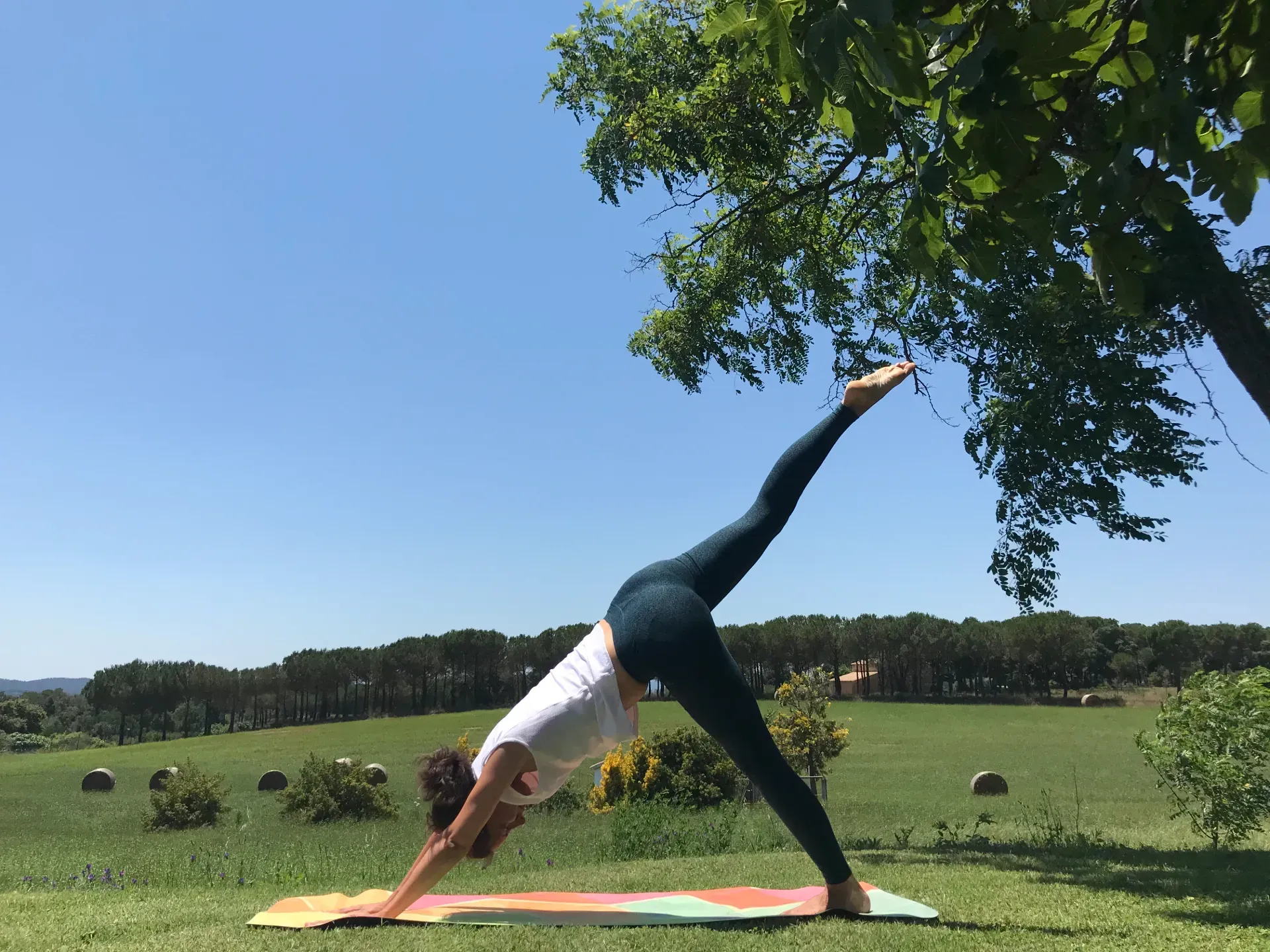 Una mujer está practicando yoga en una colina cerca del océano.