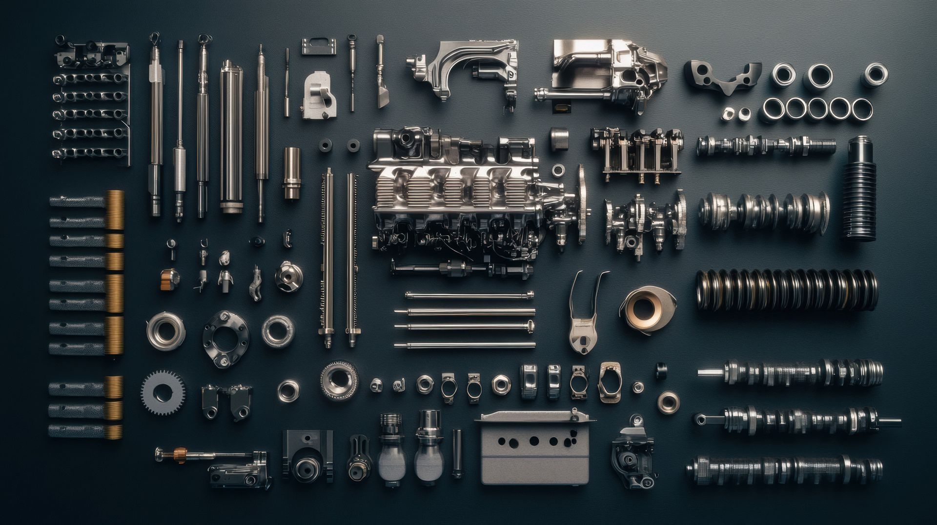 Piezas del motor desmontadas y dispuestas sobre una superficie oscura, mostrando varios componentes.