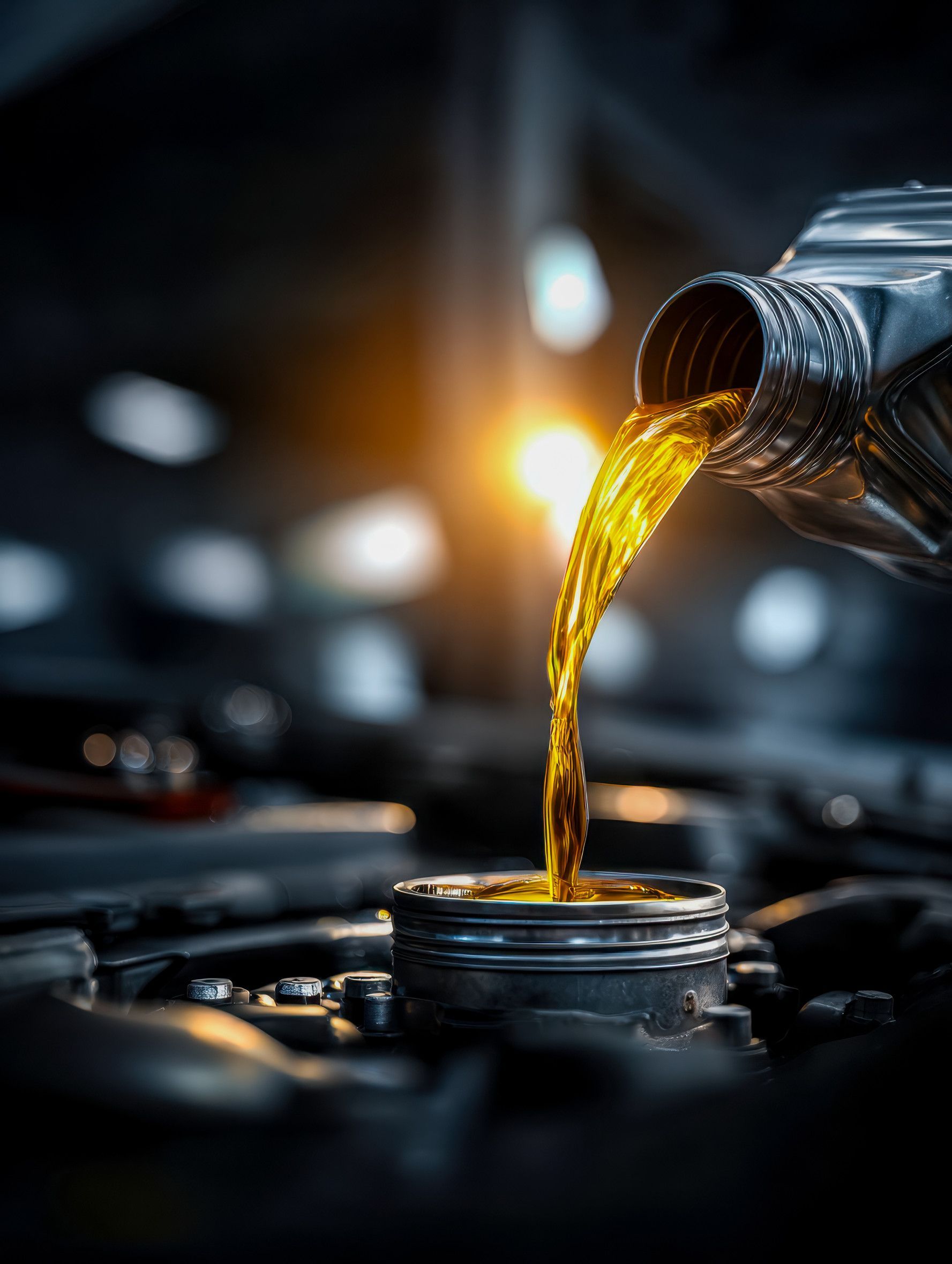 Aceite de motor vertido en el motor de un automóvil, líquido dorado sobre un fondo oscuro.