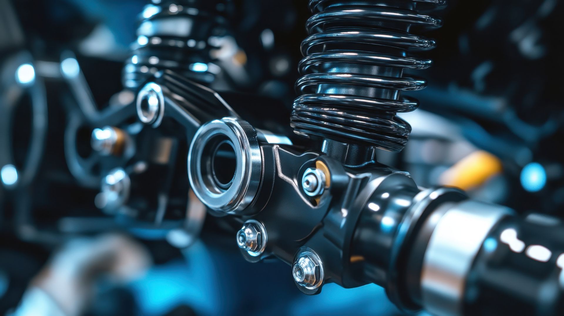 Primer plano de los componentes de la suspensión de la motocicleta en negro brillante y plata, con especial atención al amortiguador y los enlaces.