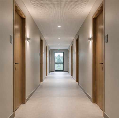 Couloir d'hôtel avec des portes en bois fermées