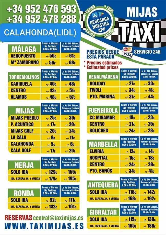 A flyer for mijas taxi in malaga