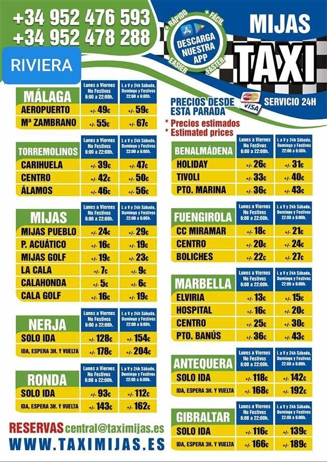 Un folleto de taxis de Mijas muestra precios para varios destinos.