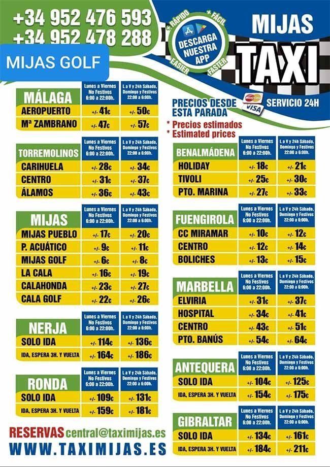 Un anuncio de taxi de Mijas en Málaga.