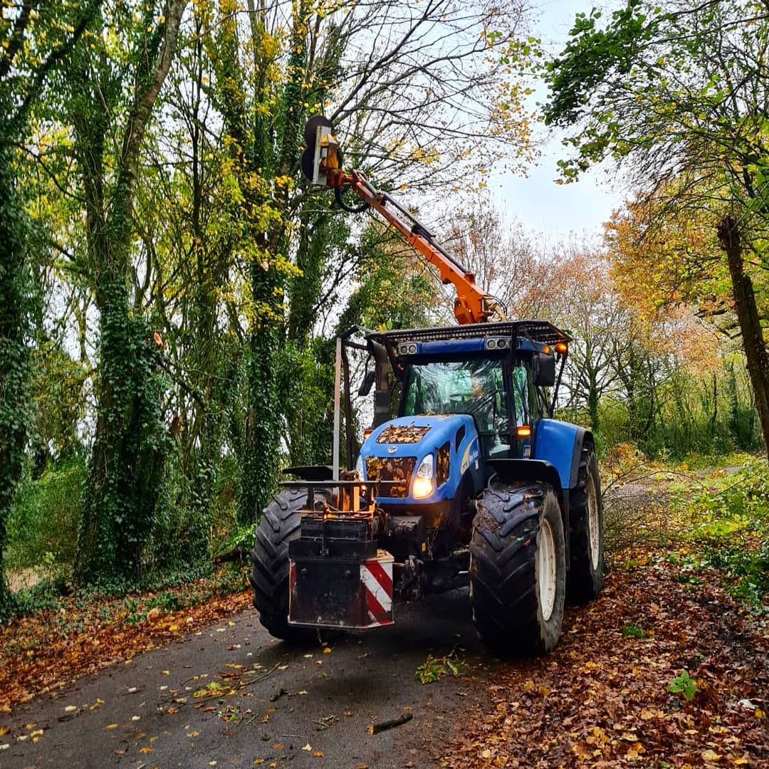 tracteur bleu qui fait l élagage dans une allée pleine d arbres