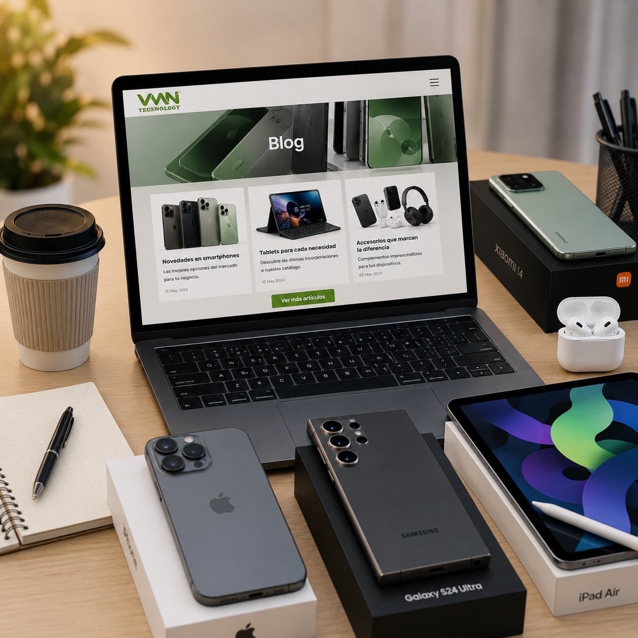 Escritorio con un portátil que muestra un blog, dos teléfonos inteligentes, un iPad, una taza de café, un cuaderno.