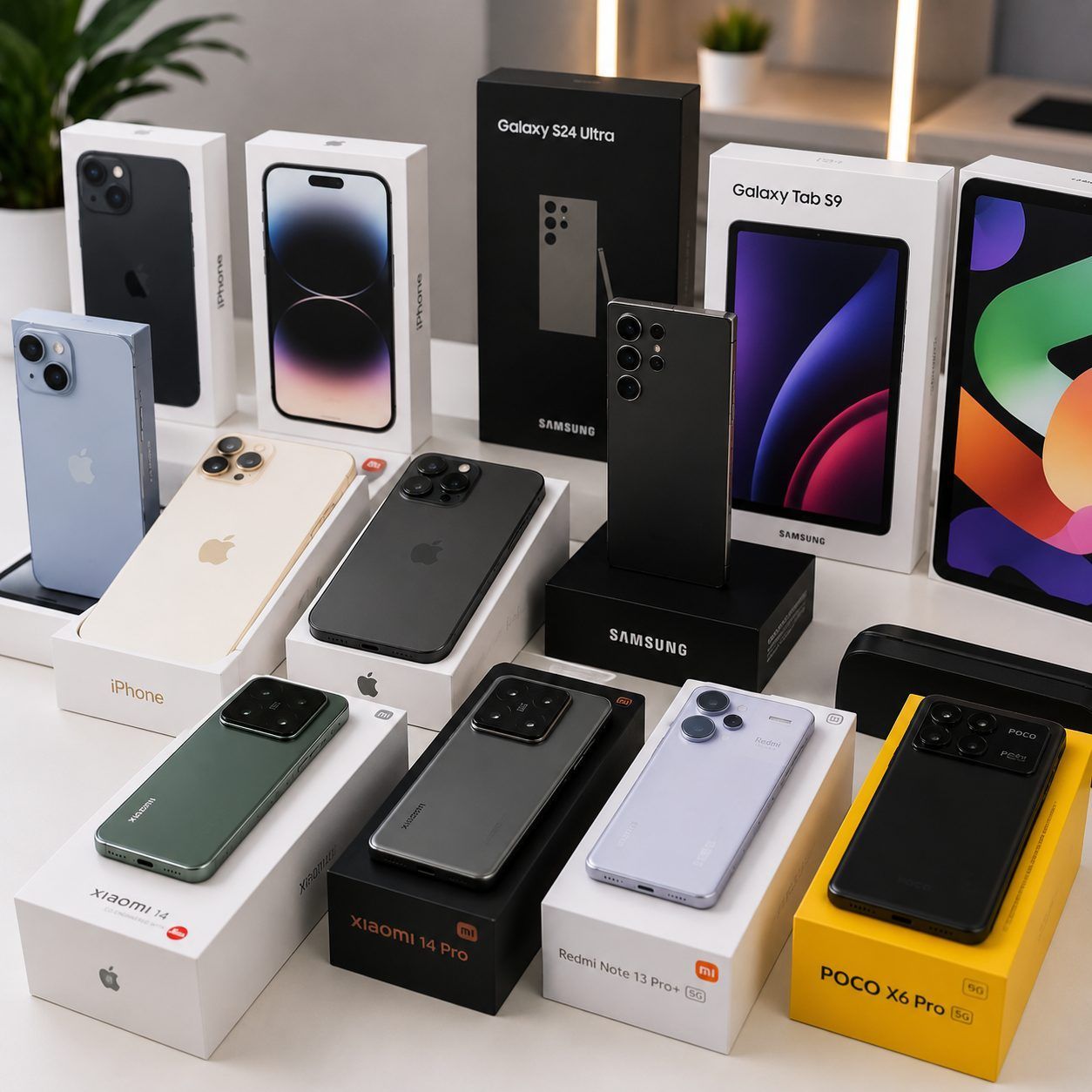 Varios teléfonos inteligentes exhibidos en cajas de embalaje con una disposición similar a la de una tienda.