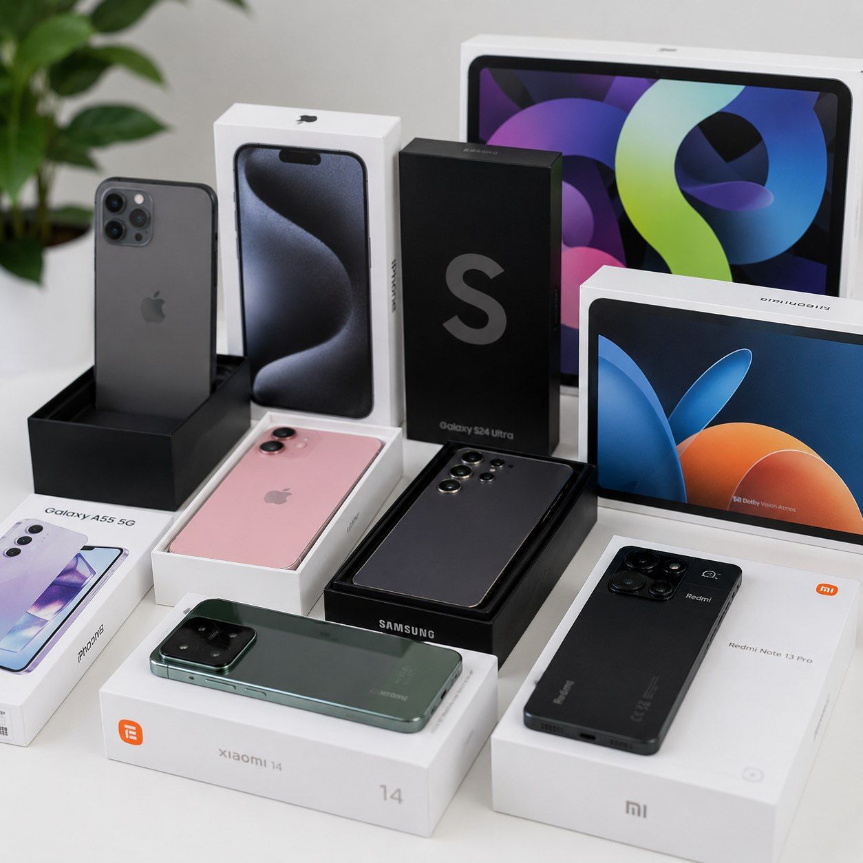 Varios dispositivos Apple y teléfonos Samsung expuestos en cajas sobre un fondo blanco.