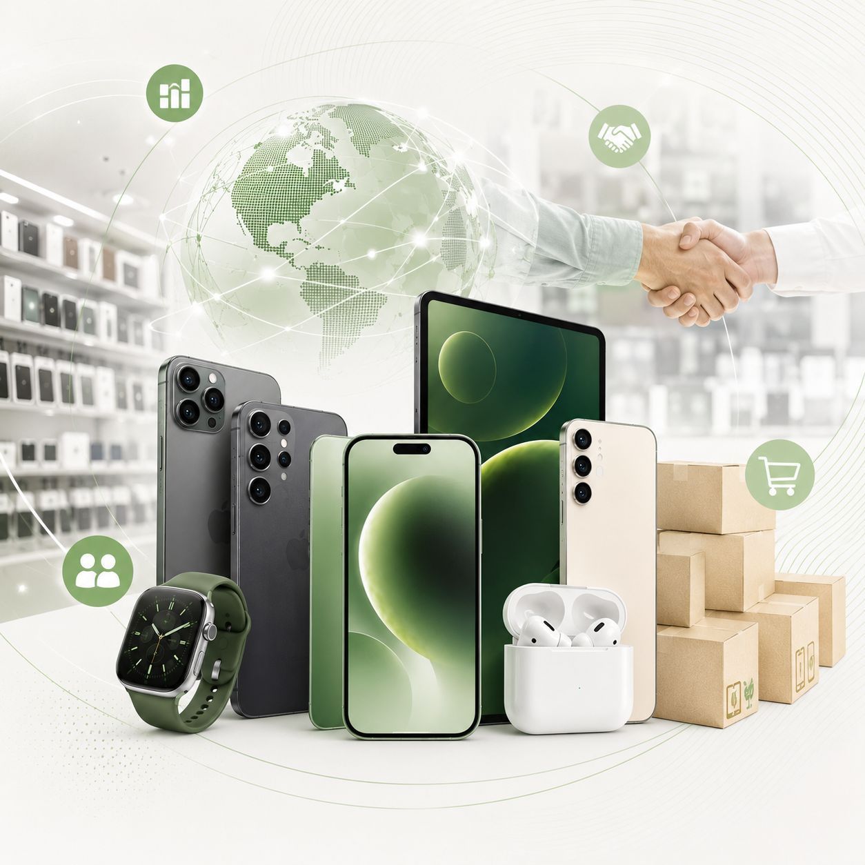 Smartphone, reloj inteligente, auriculares y cajas con iconos ecológicos verdes y un fondo de un apretón de manos.