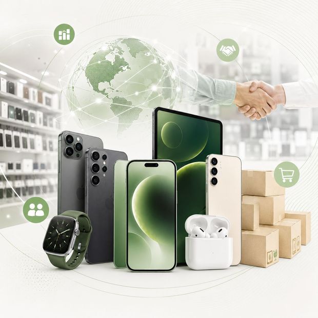 Smartphone, reloj inteligente, auriculares y cajas con iconos ecológicos verdes y un fondo de un apretón de manos.