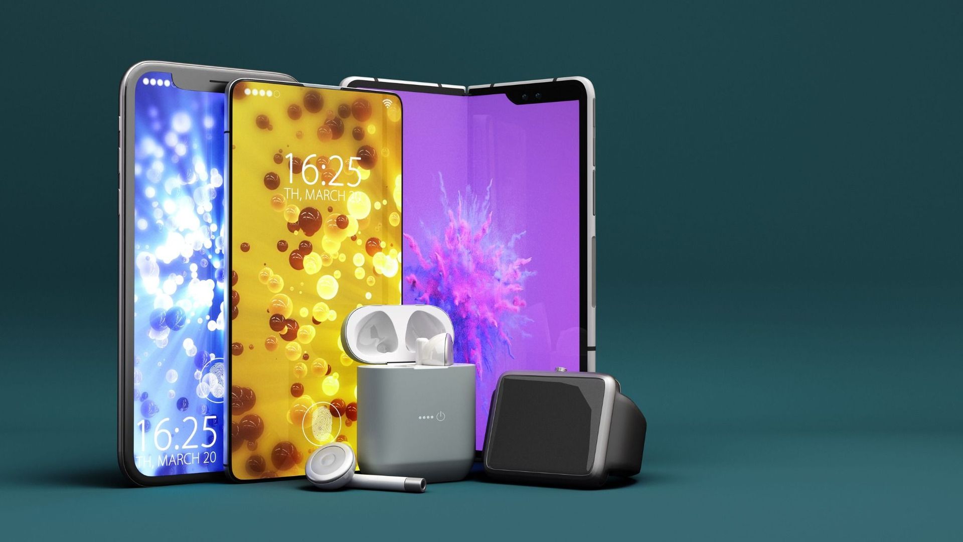 Tres teléfonos inteligentes coloridos y pequeños accesorios dispuestos sobre un fondo verde azulado.