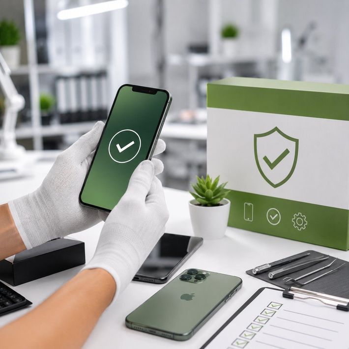 Manos enguantadas sosteniendo un teléfono inteligente verde con una marca de seguridad.