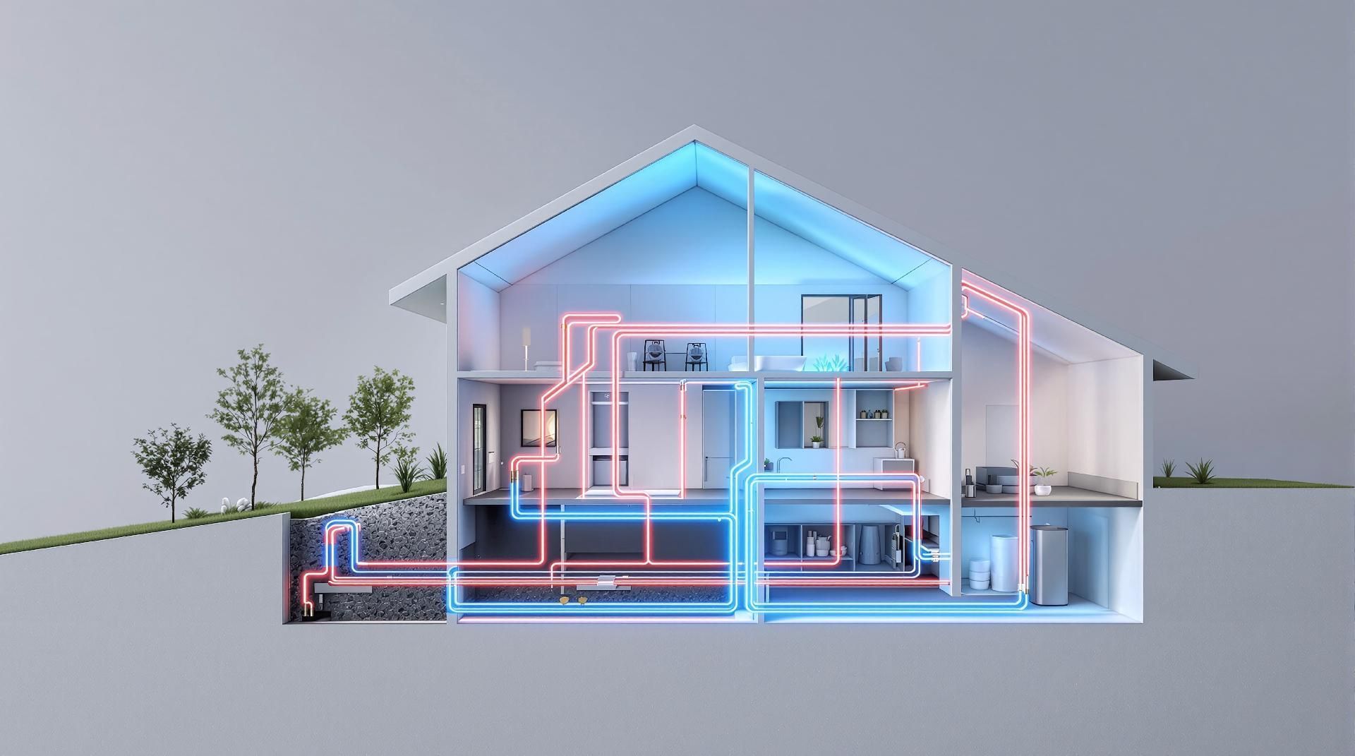 Querschnittansicht eines Hauses mit einem geothermischen Heiz- und Kühlsystem.