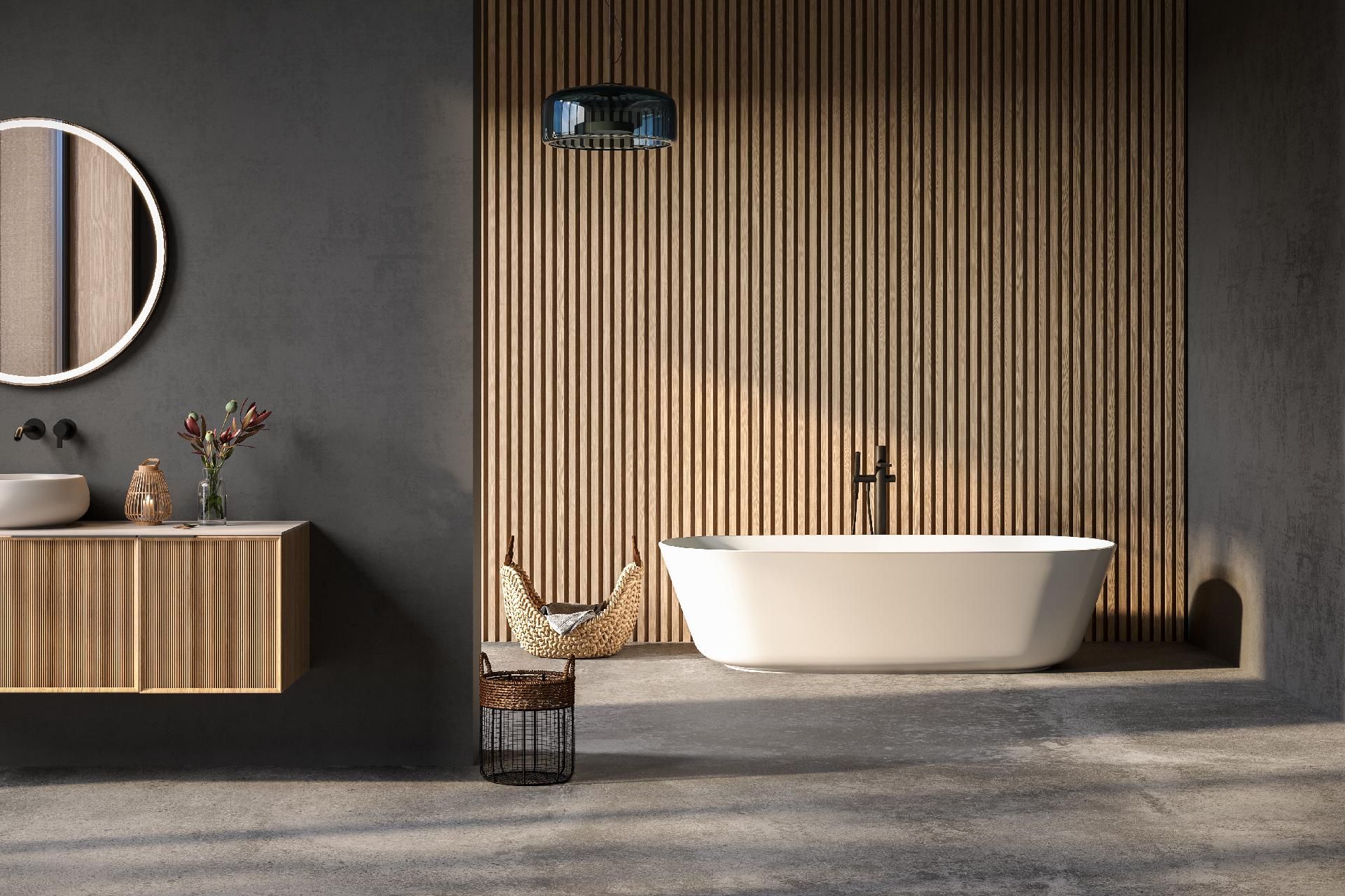 Badezimmer mit freistehender Badewanne, einer Akzentwand aus Holzlamellen und einem schwebenden Waschtisch.