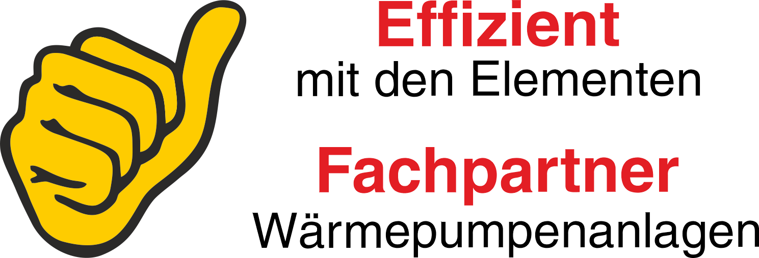 Symbol gelber Daumen nach oben, daneben Text „Effizient mit den Elementen“ und „Fachpartner Wärmepumpenanlagen“.