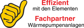Symbol gelber Daumen nach oben, daneben Text „Effizient mit den Elementen“ und „Fachpartner Wärmepumpenanlagen“.