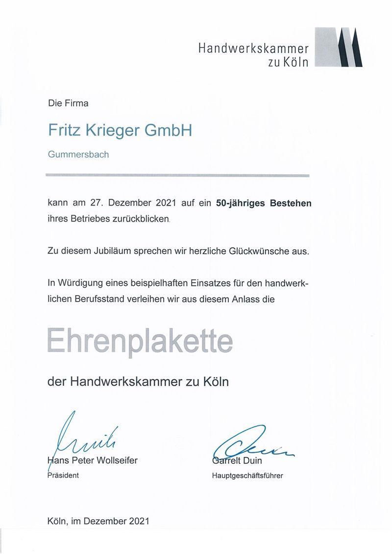 Ehrenurkunde der Kölner Handwerkskammer, verliehen an die Fritz Krieger GmbH im Dezember 2024.