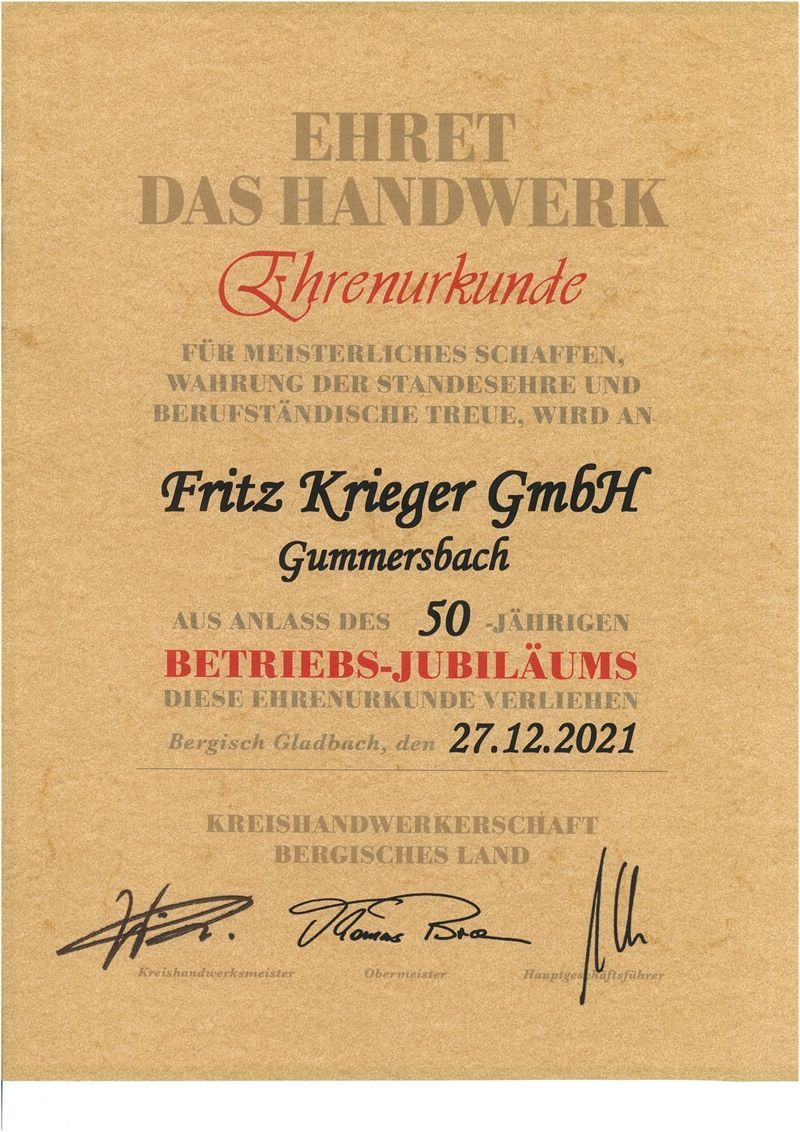 Eine Urkunde zum 50-jährigen Jubiläum der Fritz Krieger GmbH