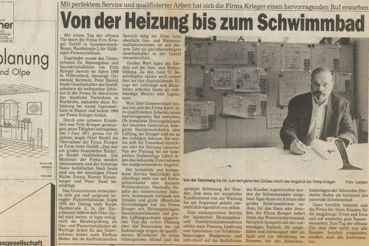 Zeitungsartikel mit dem Titel: „Von der Heizung zum Schwimmbad“ über die Fritz Krieger GmbH