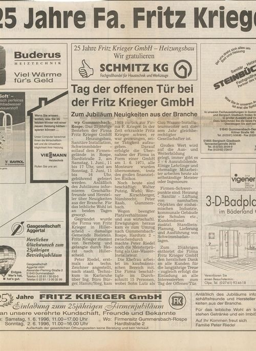 Eine Zeitungsanzeige zur Ankündigung des 25-jährigen Jubiläums und des Tages der offenen Tür der Firma Fritz Krieger GmbH.