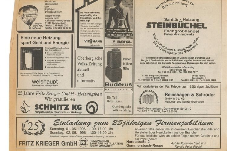 Eine Zeitungsseite mit zahlreichen Anzeigen von Heizungs-, Sanitär- und Bauunternehmen aus dem Juni 1986.