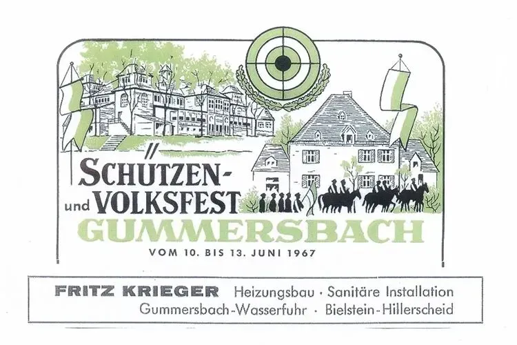 Poster for the 1967 Gummersbach Schützen- und Volksfest featuring illustrations of buildings, horses, and a target logo.