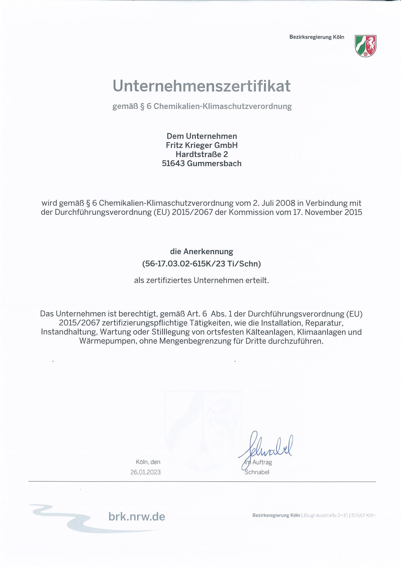 Firmenzertifikat für Kifa Belags GmbH, das die Einhaltung der Abwasserbehandlungsvorschriften bestätigt, datiert März 2023.