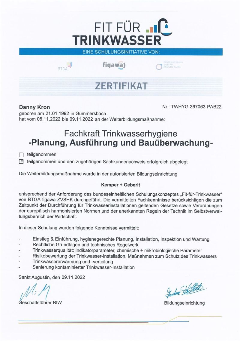 Ein „Fit für Trinkwasser“-Zertifikat für einen Spezialisten für Trinkwasserhygiene, verliehen an Danny Iron im November 2022.