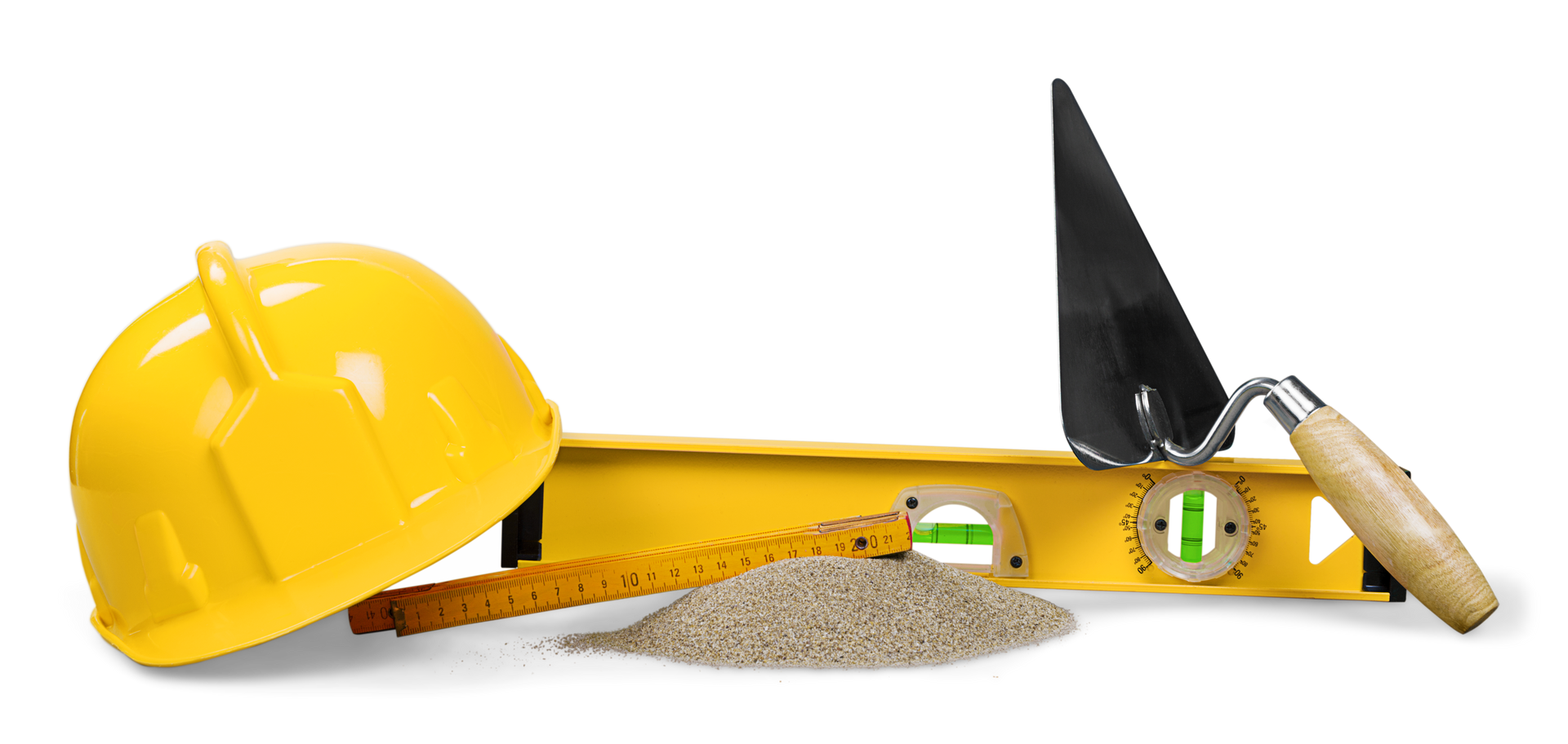 Casque de chantier jaune, niveau et truelle