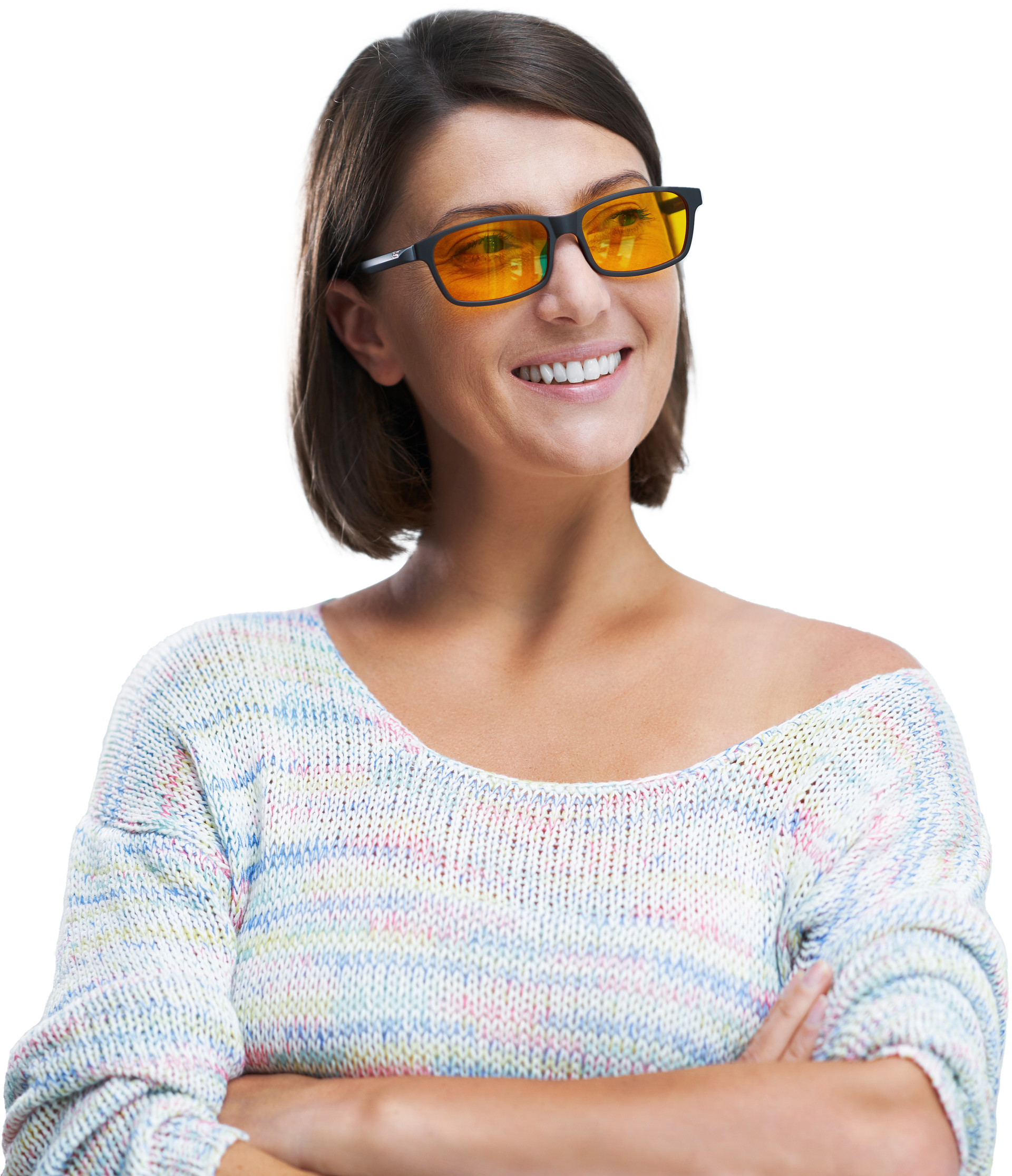 Femme portant des lunettes avec filtres thérapeutiques