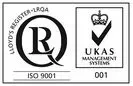 Ein schwarz-weißes Logo für die Managementsysteme ISO 9001 und UKAS.