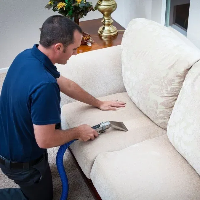 Persona limpiando un sofá beige con un limpiador de tapicería de mano en una sala de estar.