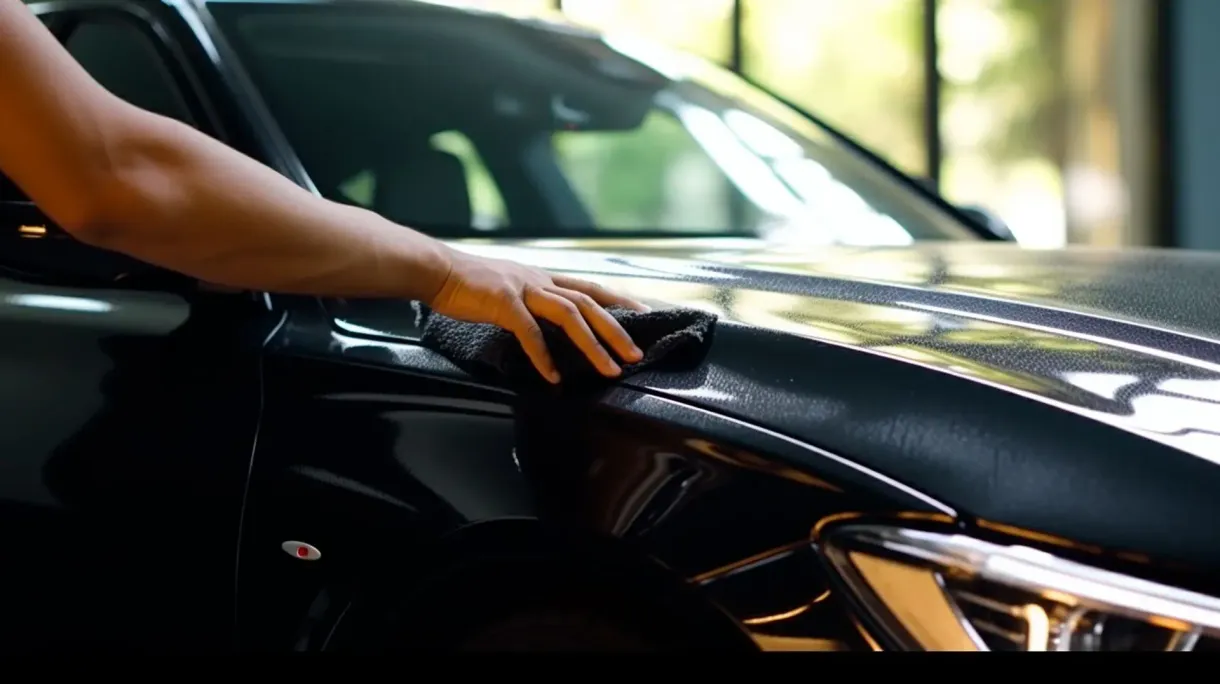 Mano de una persona puliendo un coche negro con un paño oscuro.