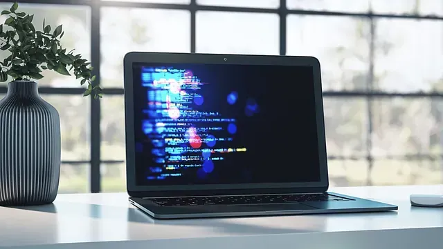Una computadora portátil que muestra un código sobre un escritorio blanco con un jarrón decorativo y un mouse frente a una ventana brillante.