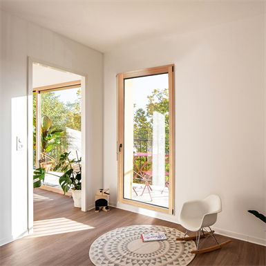 Pièce lumineuse avec parquet, porte donnant sur un balcon avec des plantes, fenêtre, murs blancs et fauteuil sur un tapis.