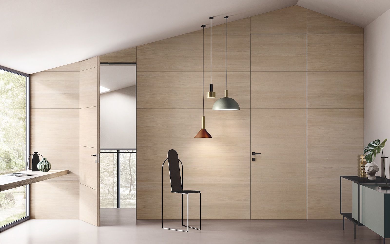 Pièce claire lambrissée avec plafond mansardé, grande fenêtre, suspensions lumineuses et mobilier moderne.