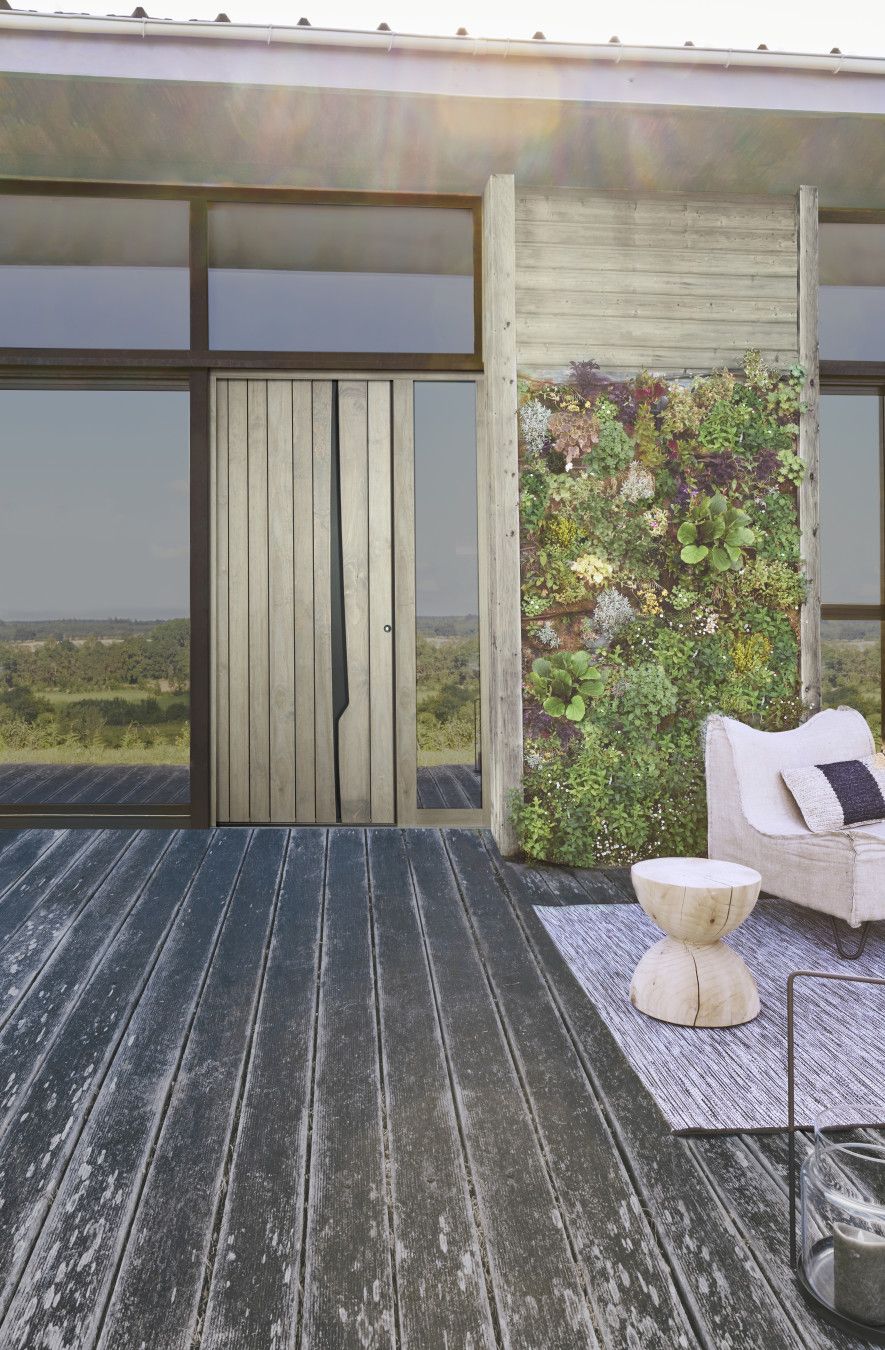 Terrasse extérieure avec plancher en bois, portes coulissantes en verre et jardin vertical.