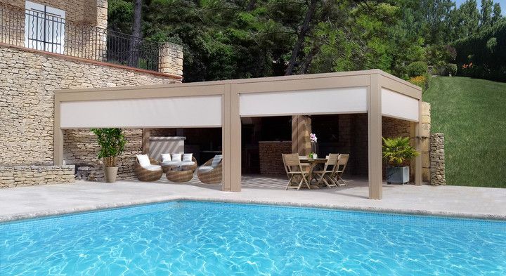 Grande pergola à 6 pieds de couleur beige avec des stores intégrés