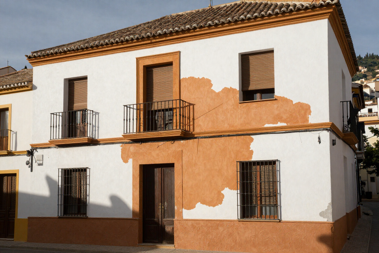 Fachada de un edificio mediterráneo en proceso de pintura exterior en Granada