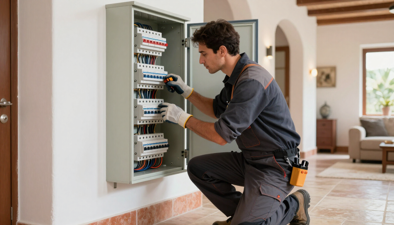 Electricista revisando el cuadro eléctrico de una vivienda