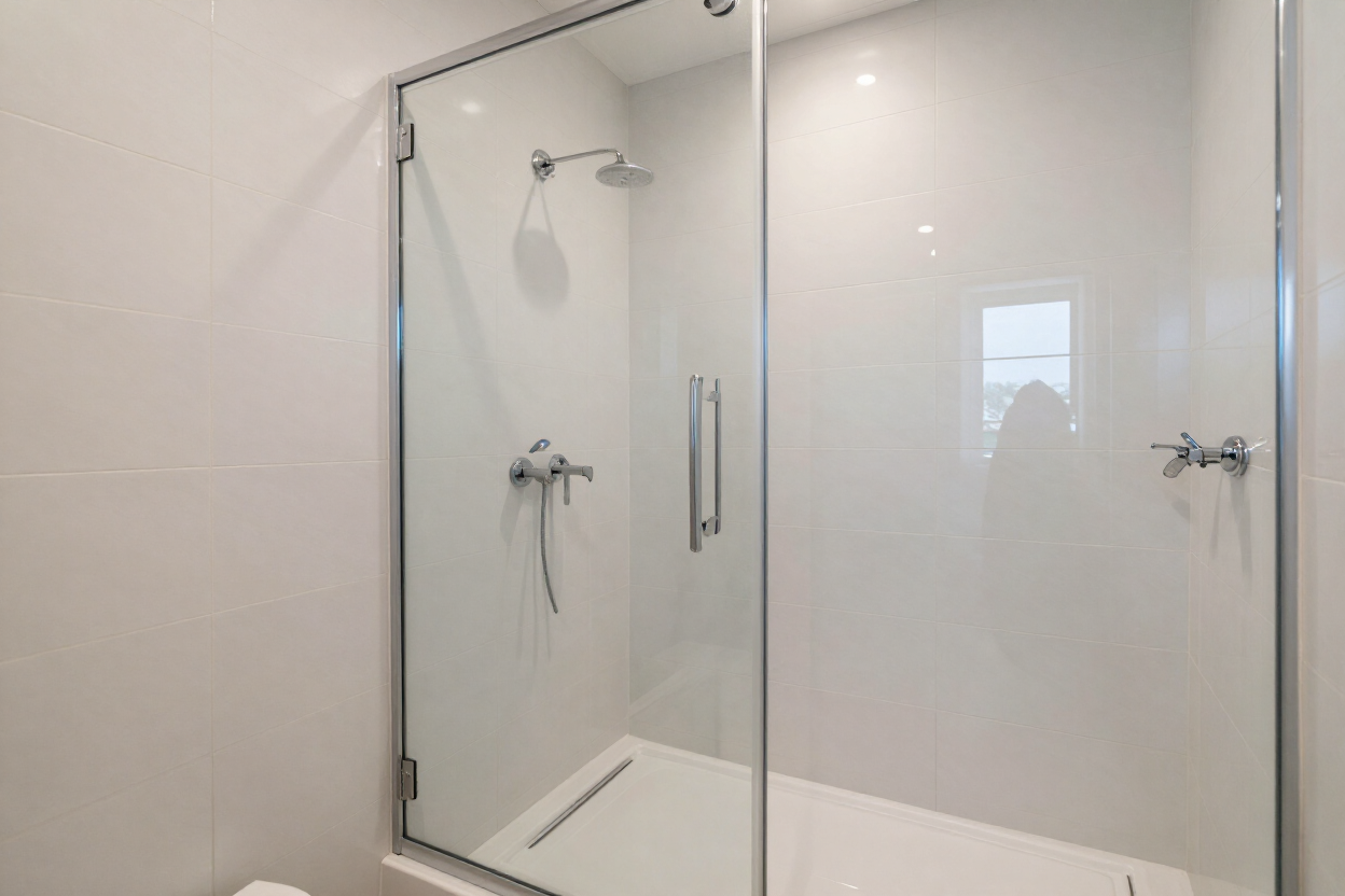 Baño reformado con ducha a ras de suelo y azulejos blancos