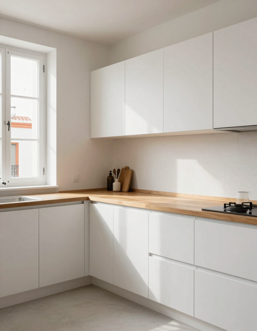 Cocina reformada con muebles blancos y encimera de madera