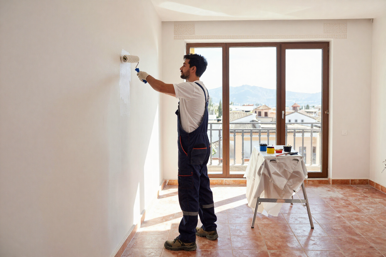 Profesional de reformas trabajando en la pintura de una vivienda en Granada