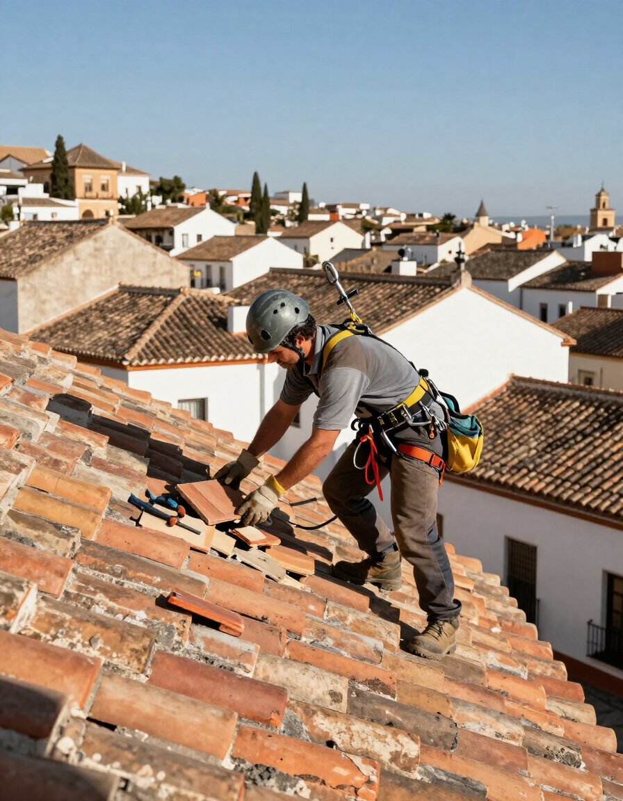 Operario con arnés reparando las tejas de un edificio residencial en Motril