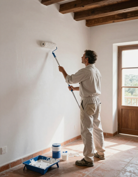 Pintor aplicando pintura en la pared de un interior