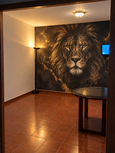Habitación vacía con suelo de baldosas de terracota y un gran mural de un león en la pared del fondo.